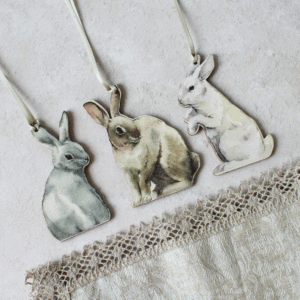 Wooden Bunny Decorations, Set Of Three