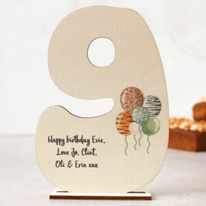 Personalised Number Card, Animal Print Balloons