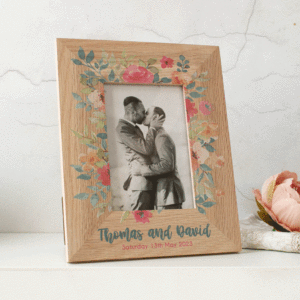 Personalised Oak Photo Frame, Blue, Pink And Apricot