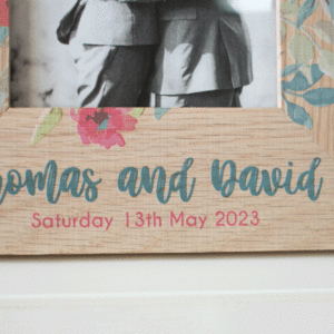 Personalised Oak Photo Frame, Blue, Pink And Apricot