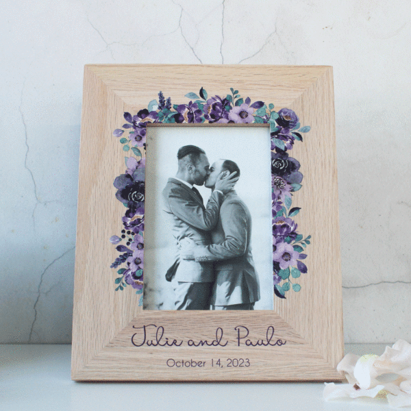 Personalised Wedding Photo Frame, Oak With Peonies