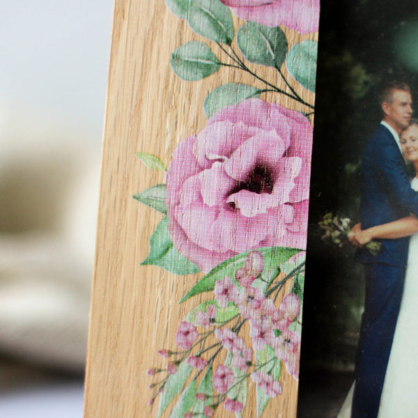 Personalised Wedding Photo Frame, Oak With Peonies