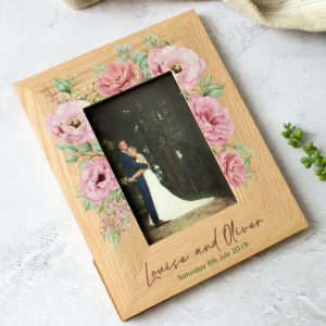Personalised Wedding Photo Frame, Oak With Peonies