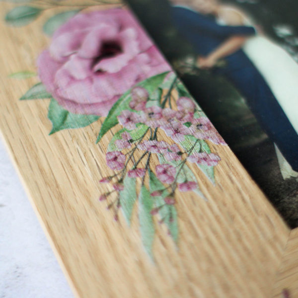 Personalised Wedding Photo Frame, Oak With Peonies